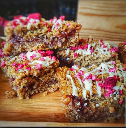 Raspberry and White Chocolate Flapjack (GF, Vegan)